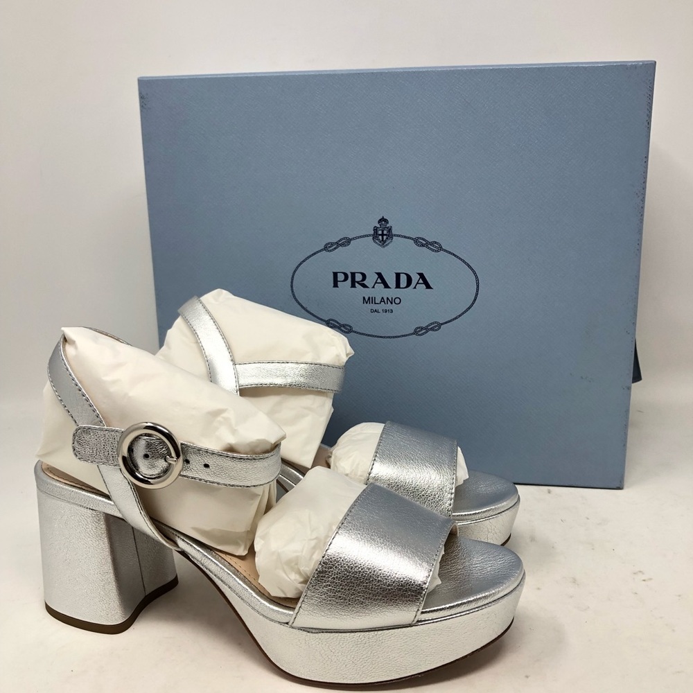 Prada Womens Block Heel Platform Ankle Strap Sandals Silver Tone Leather Size 35